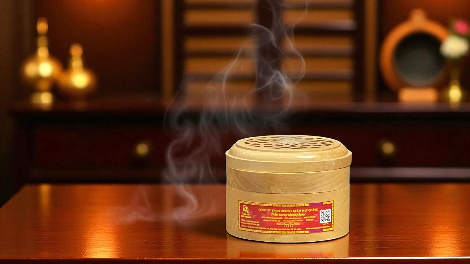Bộ thưởng nhang vòng 4 giờ PQR2M01 – hộp gỗ Ngà Voi – trầm tự nhiên Quảng Nam