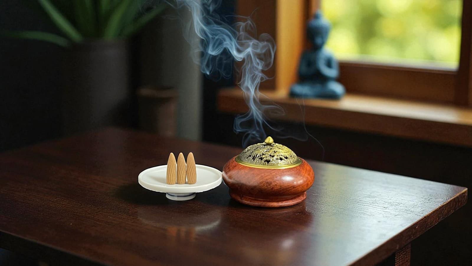 Nụ trầm đang tỏa khói trong không gian thiền