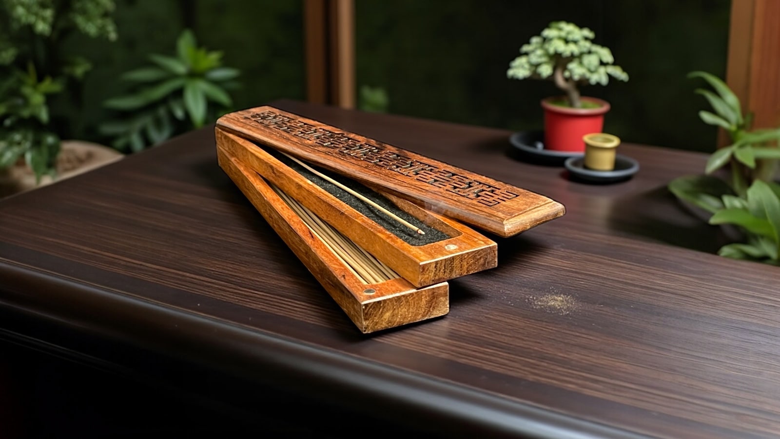 Hộp Thưởng Nhang Không Tăm Trầm Hương 20cm Ht20m6 Thượng Hạng – hộp gỗ hương + 45 que