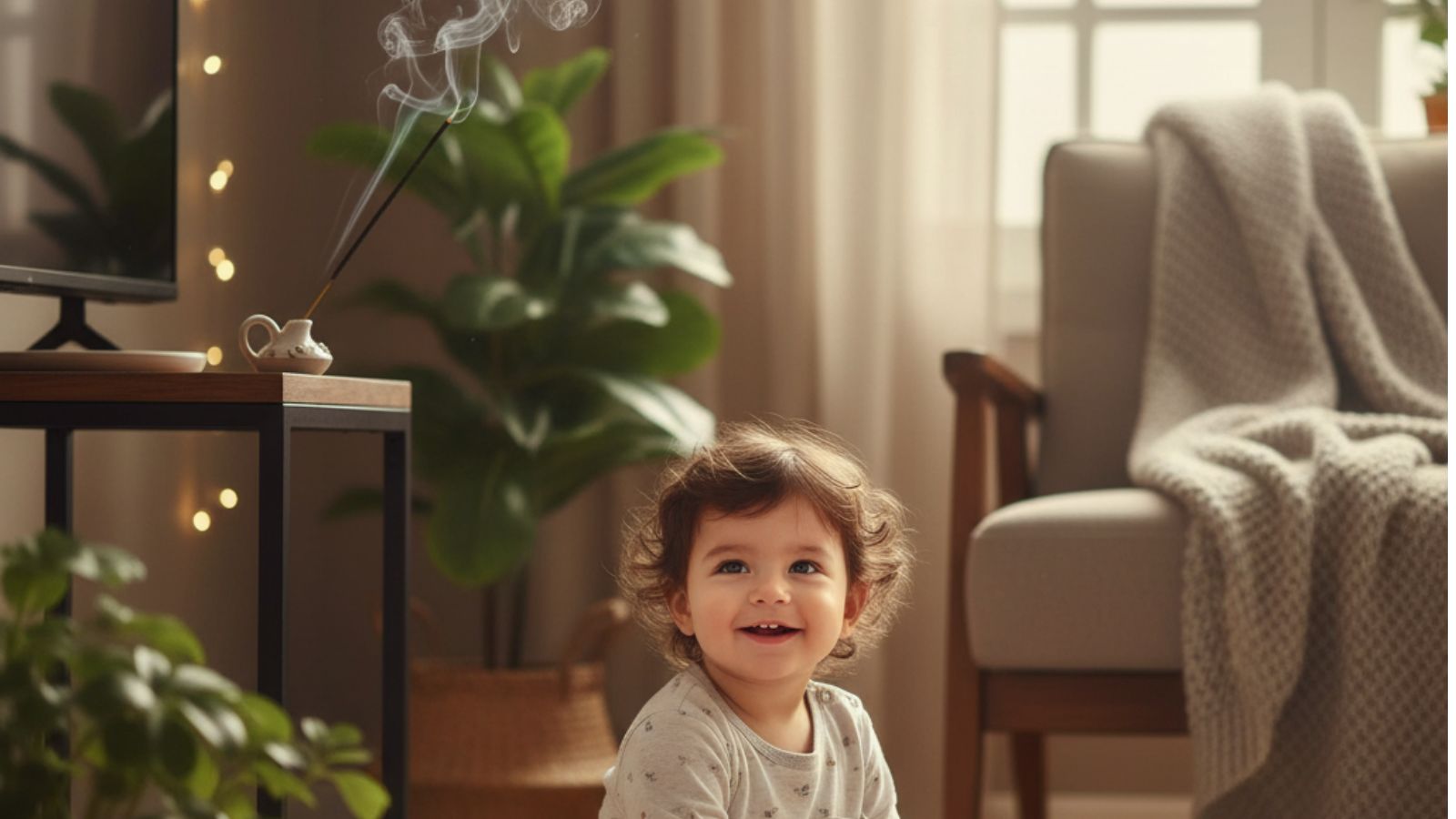 एक बच्चे की तस्वीर जो अपने कमरे में शांति से खेल रहा है, जबकि अगरवुड जल रहा है, यह दर्शाता है कि यह बच्चों के लिए कितना सुरक्षित है।