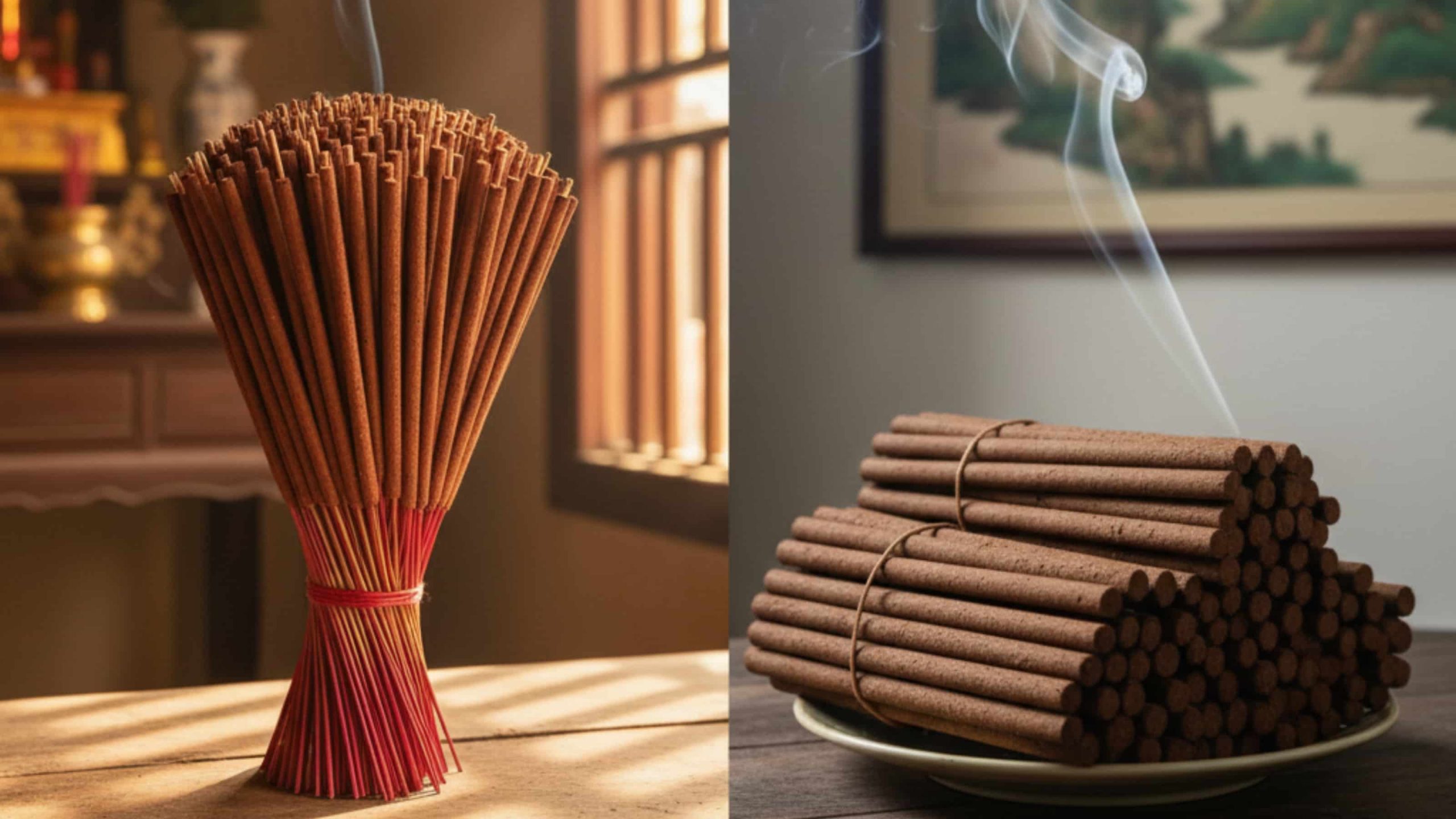 Hai loại nhang trầm hương, một có tăm tre, một không tăm, đặt cạnh nhau