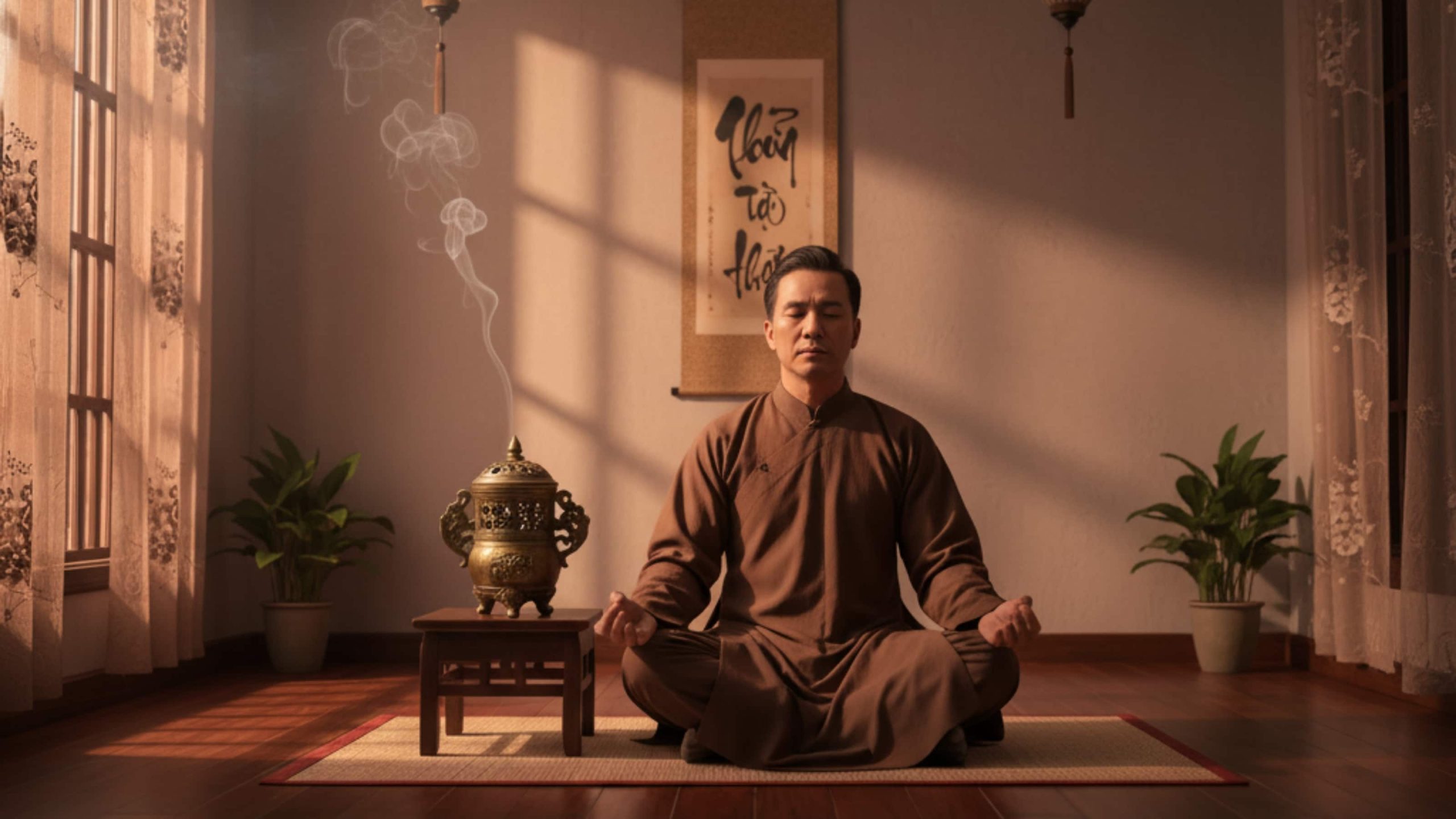 Người ngồi thiền trong không gian tĩnh lặng, khói trầm hương lan tỏa