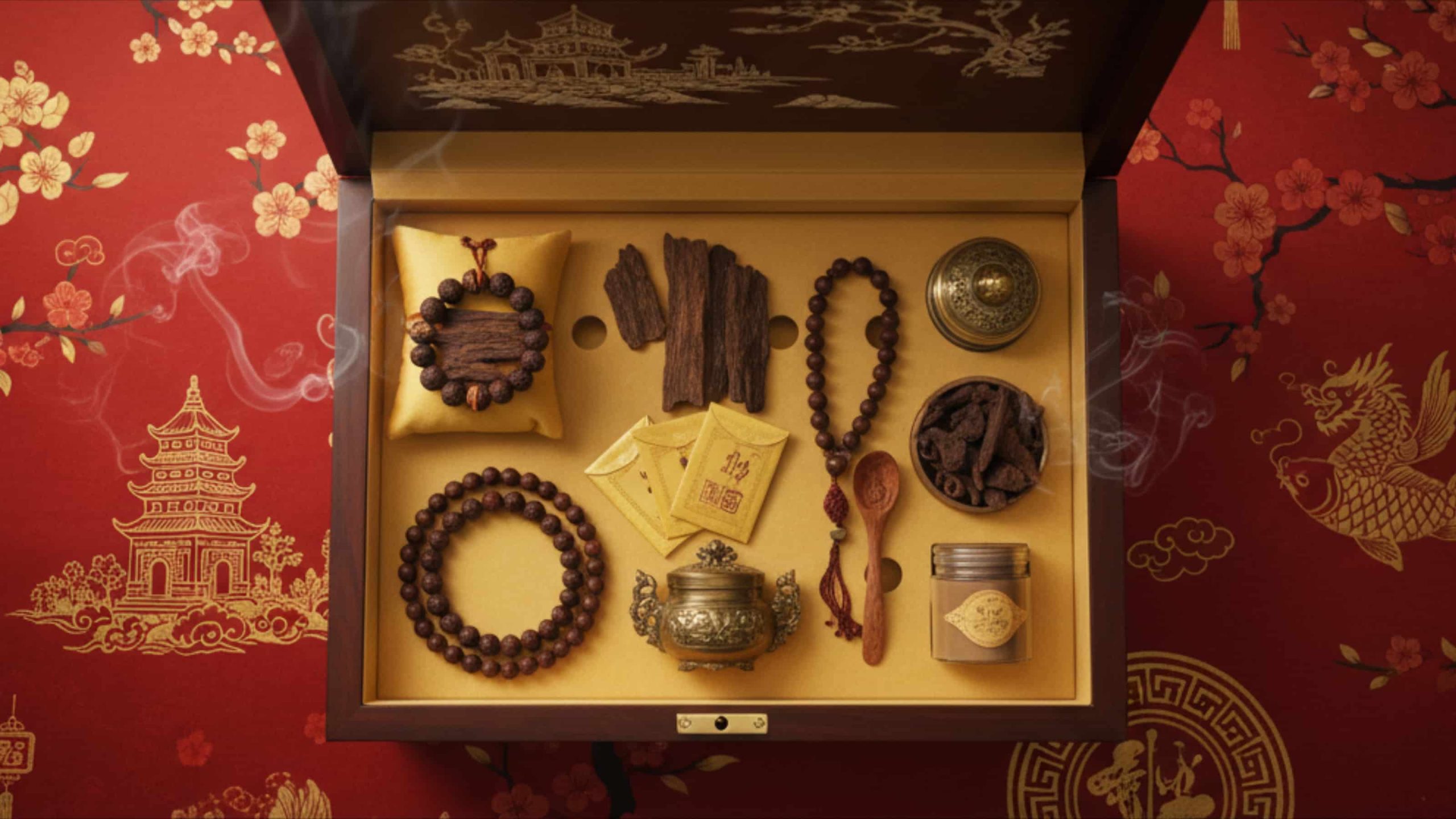 Hộp quà Tết trầm hương sang trọng với nhang, nụ, vòng tay