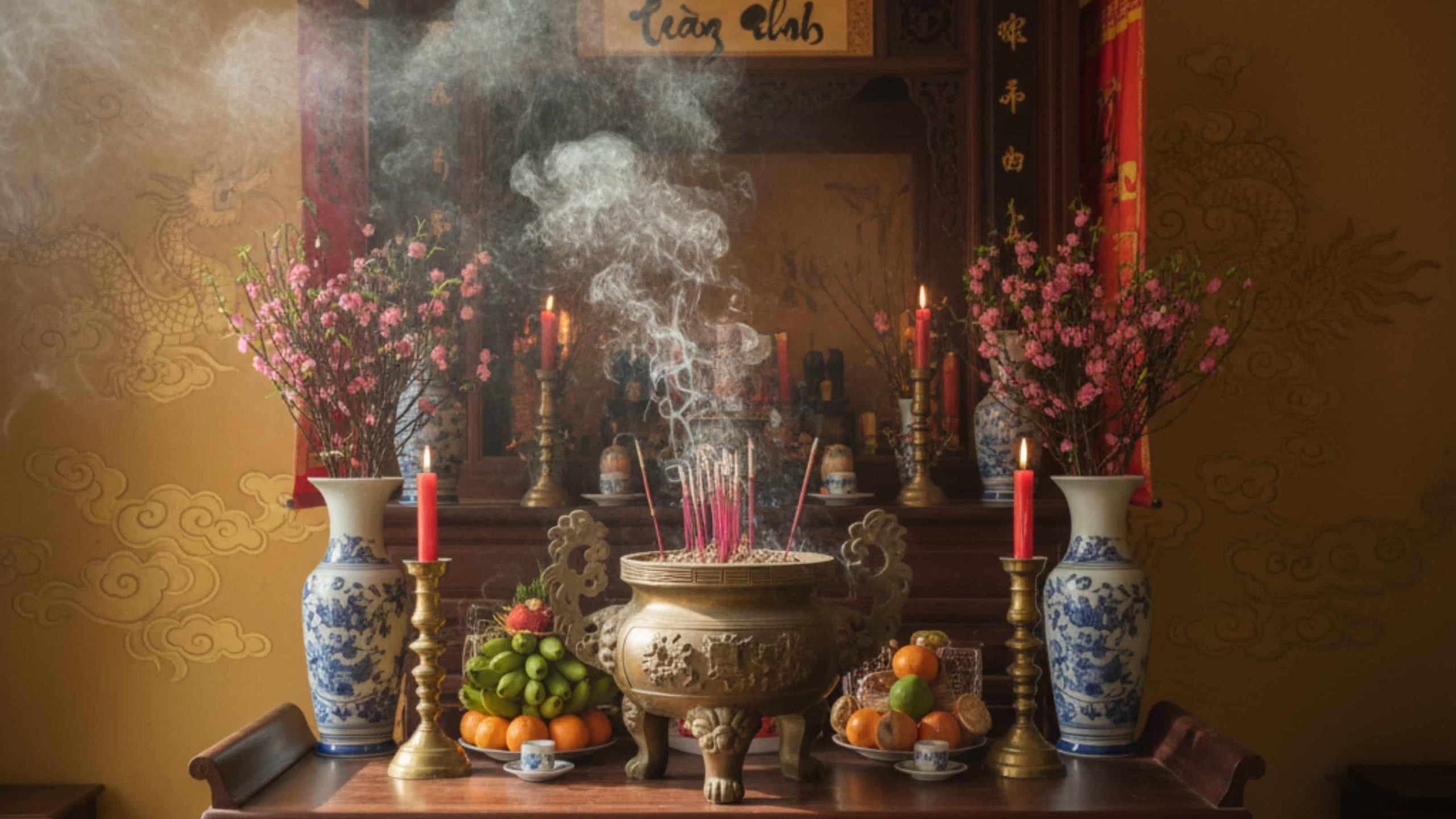 Bàn thờ gia tiên với nhang trầm hương đang cháy