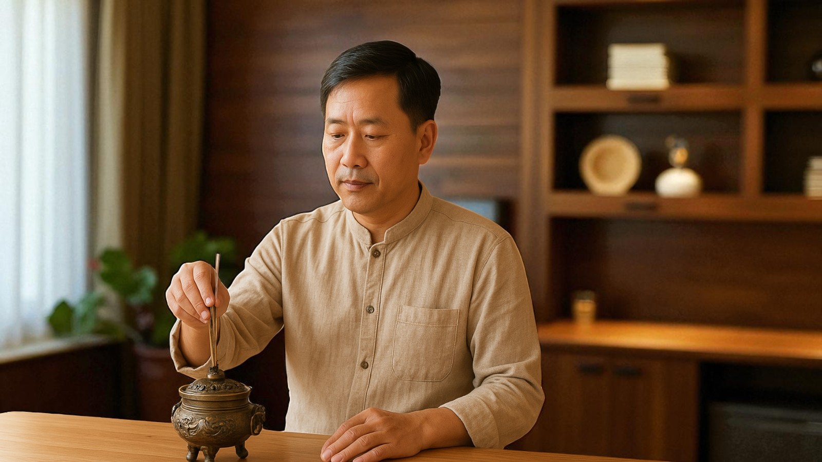 Người xông trầm hương với lư đồng trong phòng khách sáng sủa