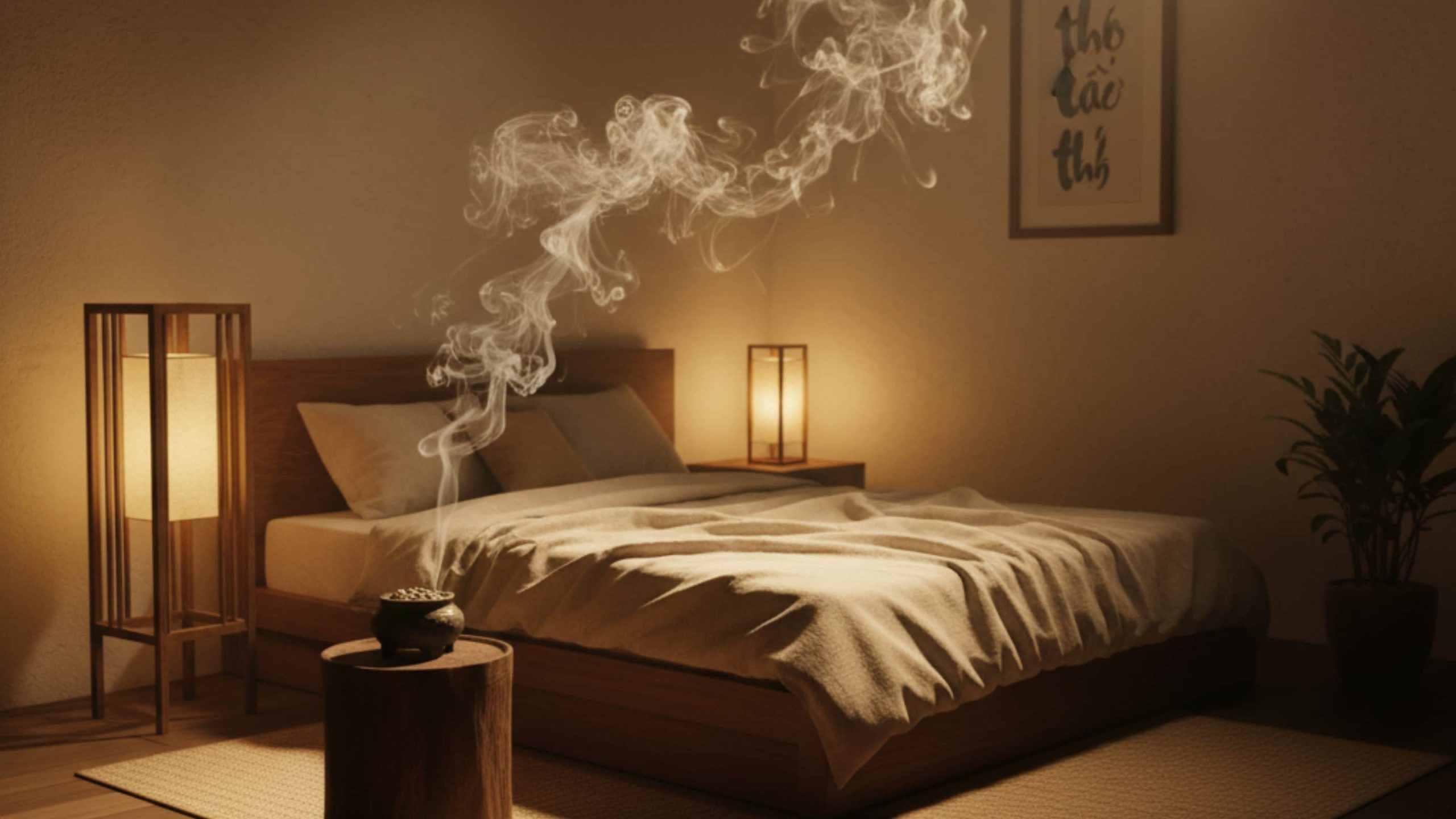 Khói trầm lan trong phòng ngủ tối giản, ánh đèn vàng dịu