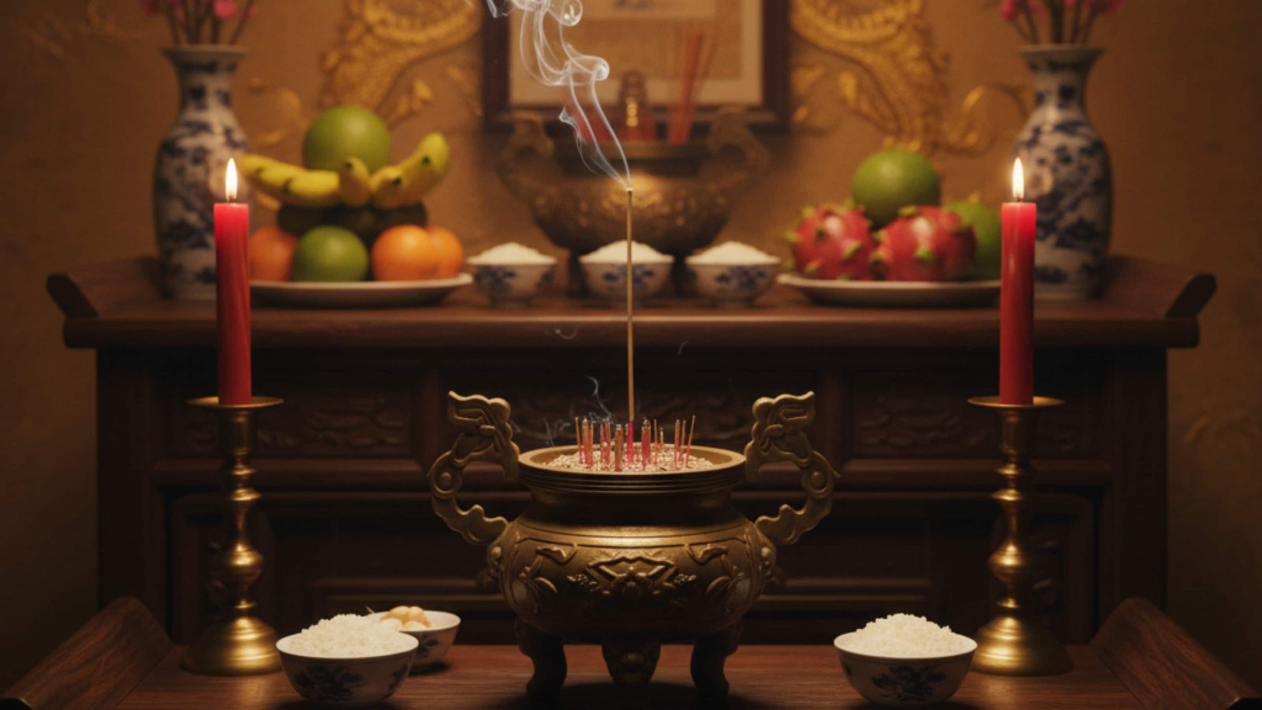 Bàn thờ gia tiên với nhang trầm hương đang cháy