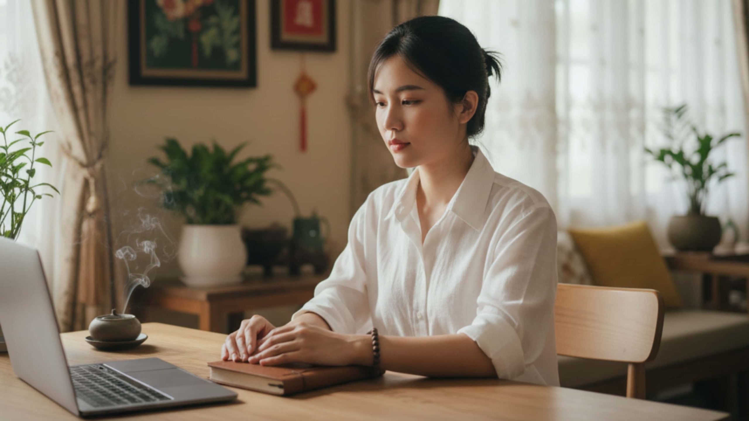 Người phụ nữ đeo vòng tay trầm hương nhỏ nhắn, phong cách công sở tinh tế