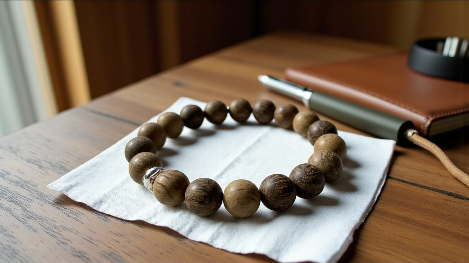 Vòng trầm hương phối charm bạc và vàng, đặt trên nền lụa trắng