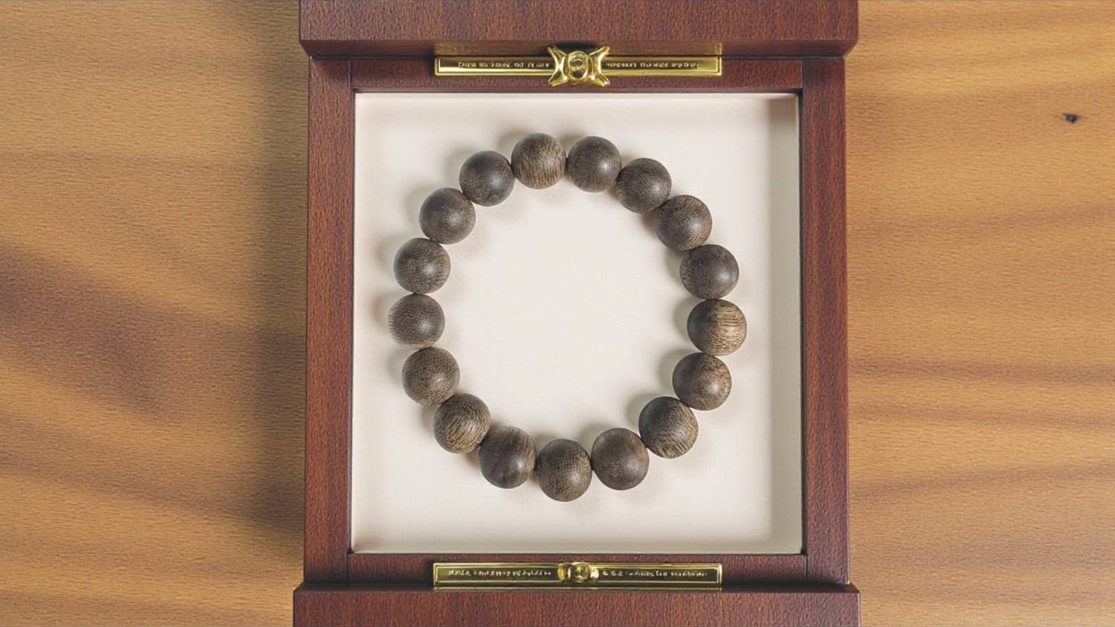 Vòng tay trầm hương chuỗi hạt gỗ tự nhiên, đặt trên nền gỗ tối