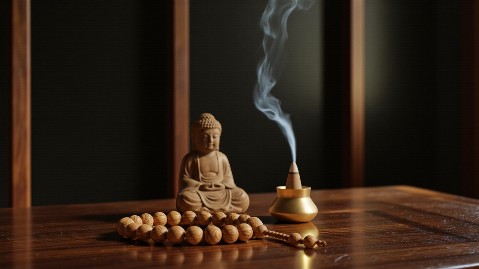 Vòng trầm hương bên tượng Phật nhỏ, khói trầm lan tỏa nhẹ